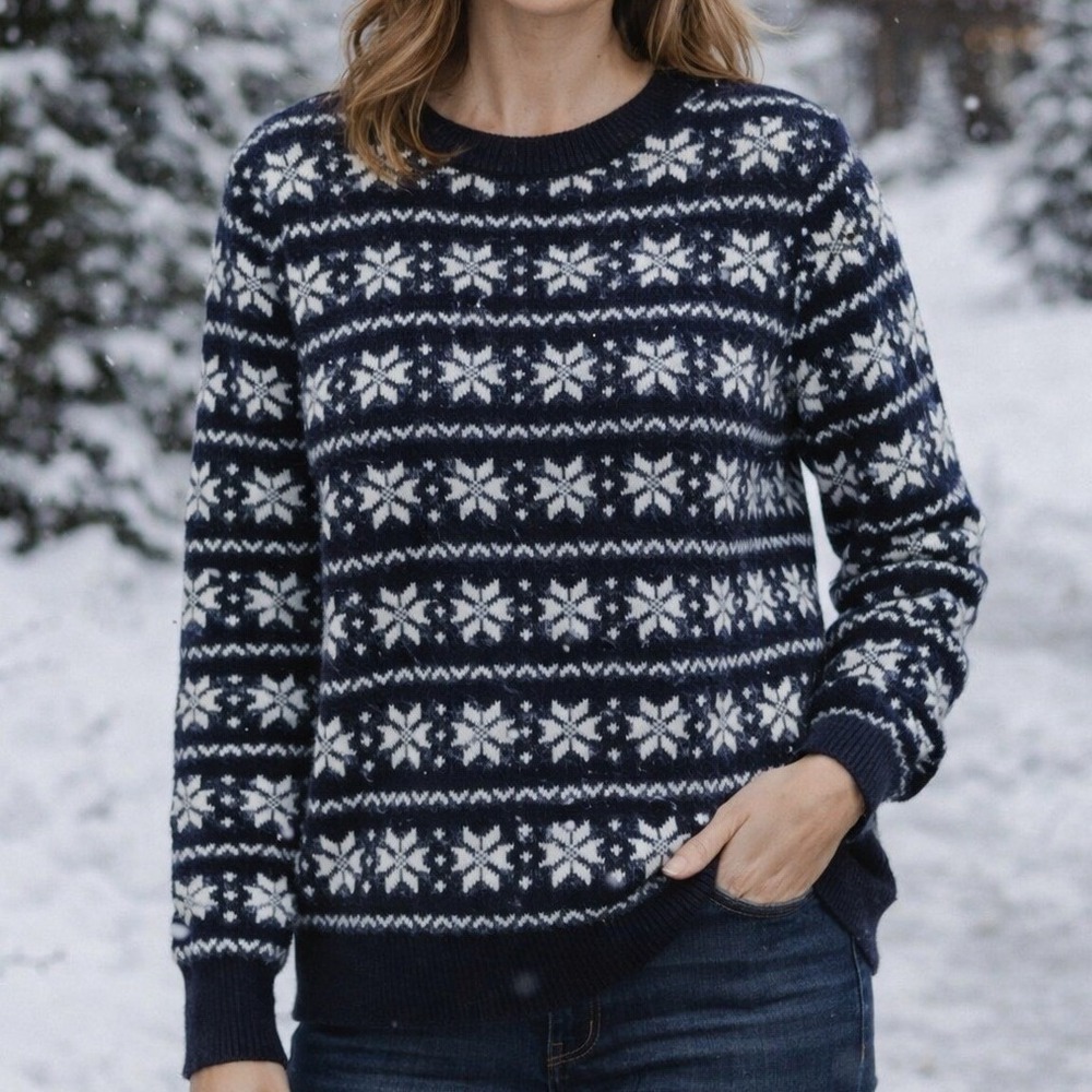 Nautica Jeans $80 Medium‎ Navy White Snowflake Fair Isle Cotton Wool Sweater